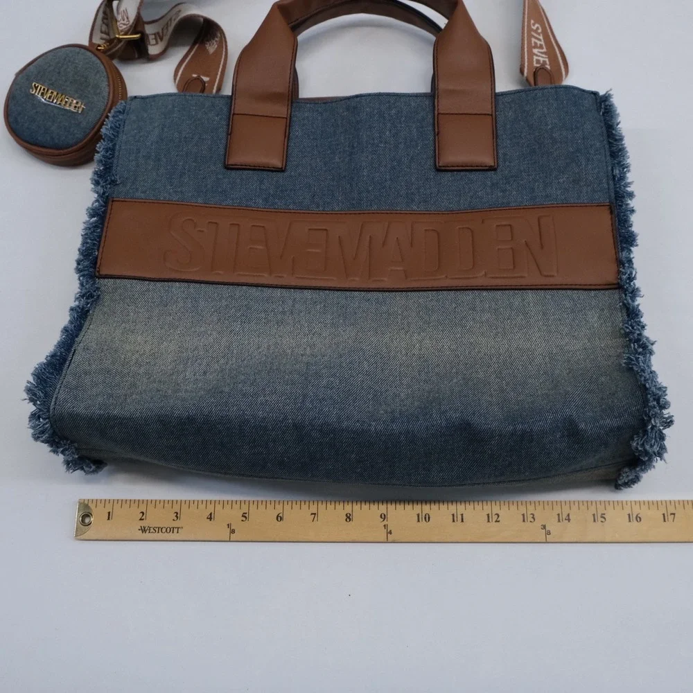 Steve Madden Tote Bag Women Blue Denim Frayed Log Large Satchel
